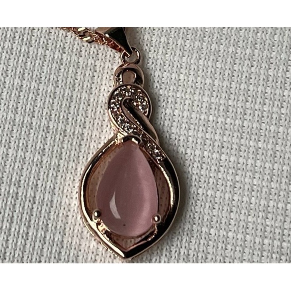 Rose Gold Pink Teardrop Pendant Necklace with CZ Accents, 18in Chain, Marked 925
